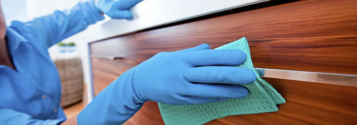 Cleaner wearing blue gloves wiping a wooden cabinet drawer with a microfiber cloth for dust and grime removal, Stamford, CT.